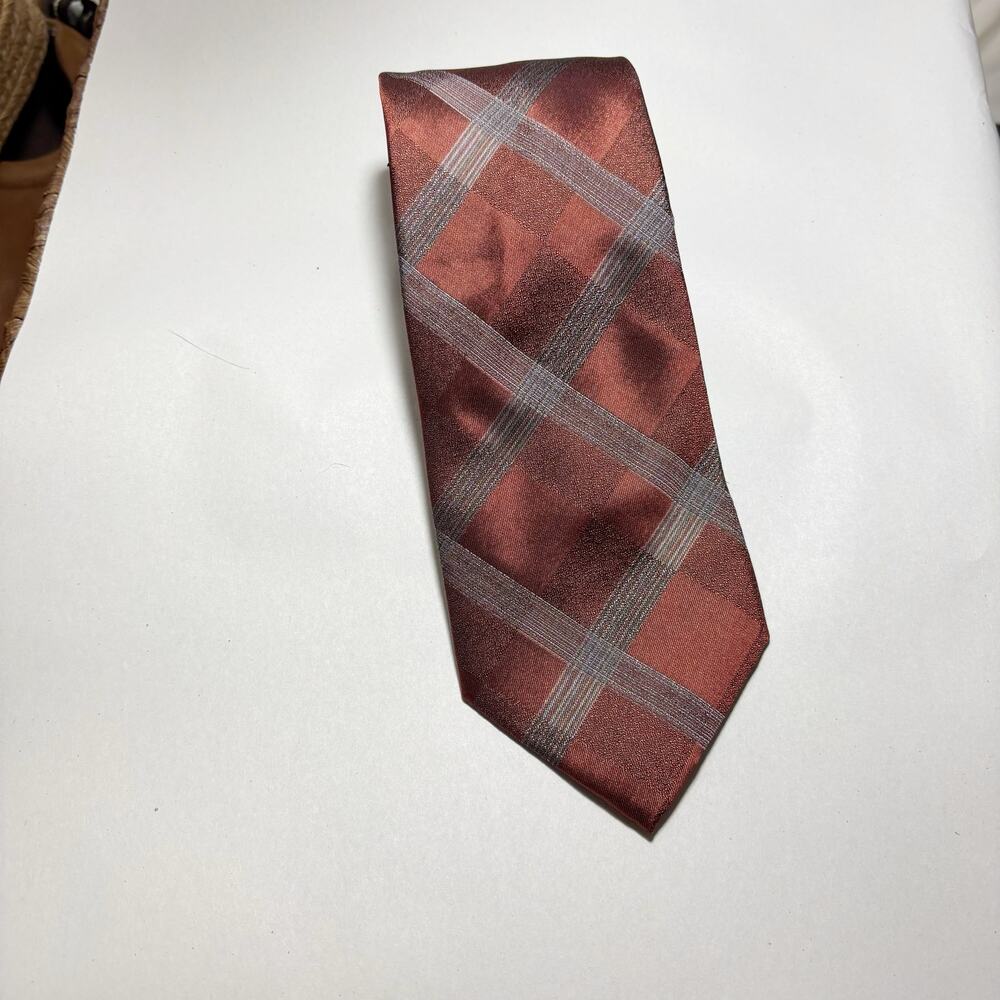 Kenneth Cole Men’s Silk Tie Burgundy Red Plaid Classic Designer Necktie